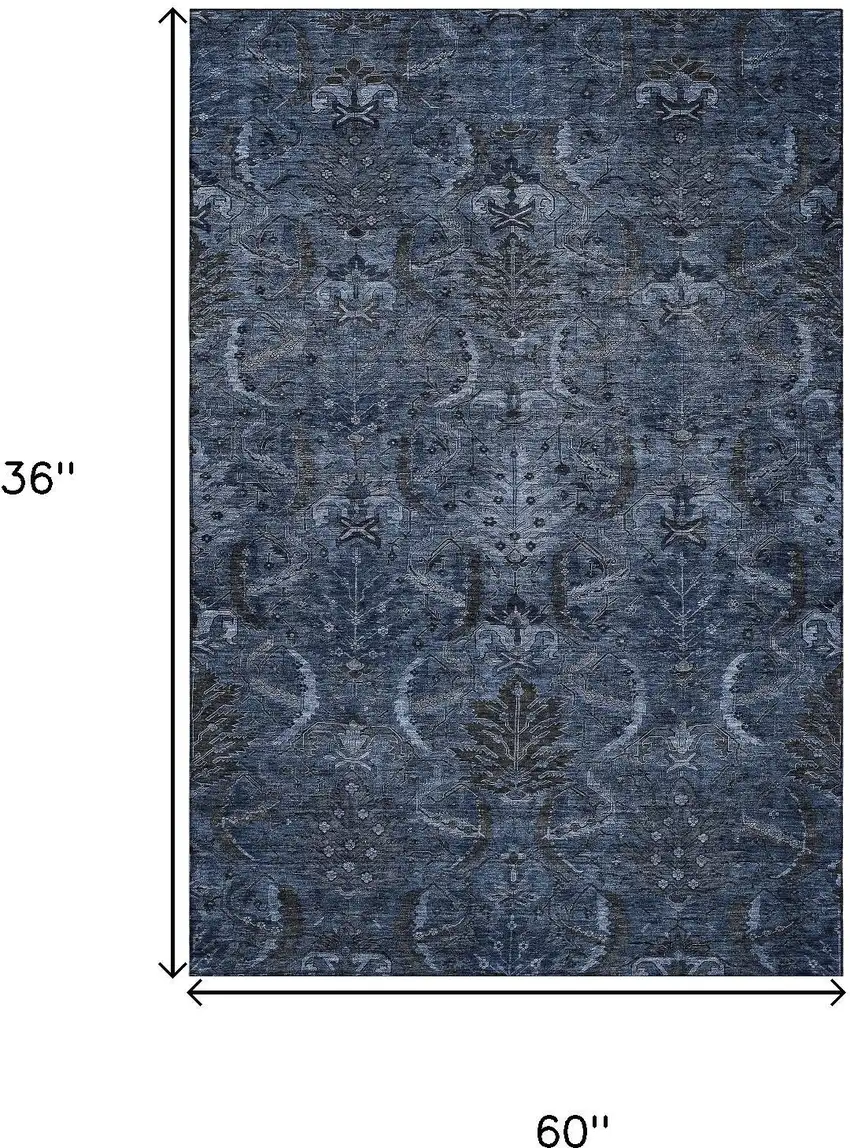 Navy Blue And Charcoal Damask Washable Area Rug With UV Protection Photo 6