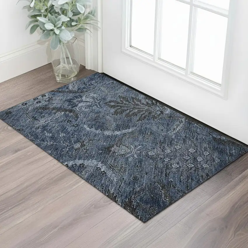 Navy Blue And Charcoal Damask Washable Area Rug With UV Protection Photo 2