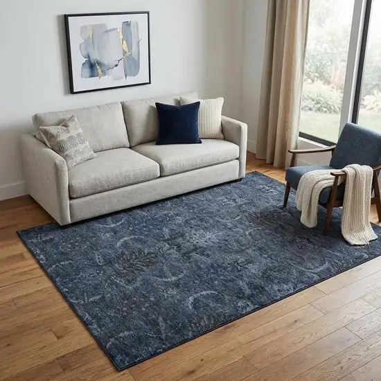 Navy Blue And Charcoal Damask Washable Area Rug With UV Protection Photo 1