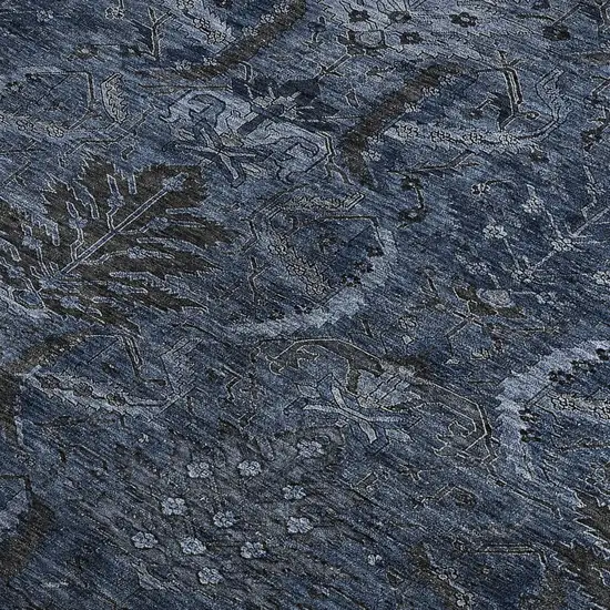 Navy Blue And Charcoal Damask Washable Area Rug With UV Protection Photo 3