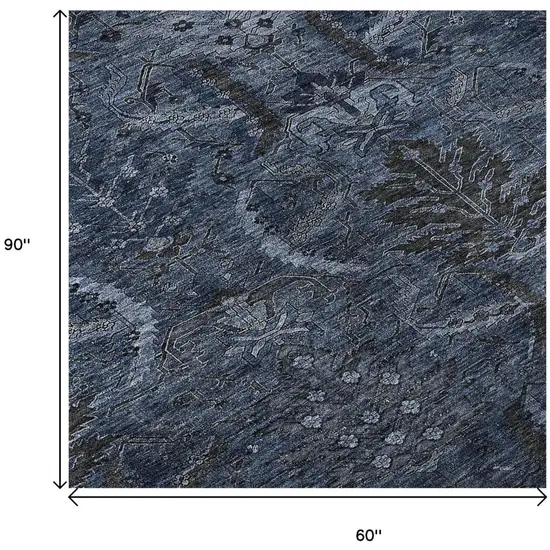 Navy Blue And Charcoal Damask Washable Area Rug With UV Protection Photo 8