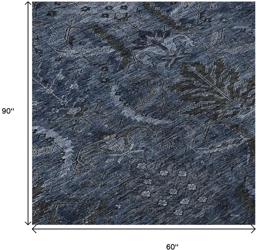 Navy Blue And Charcoal Damask Washable Area Rug With UV Protection Photo 8