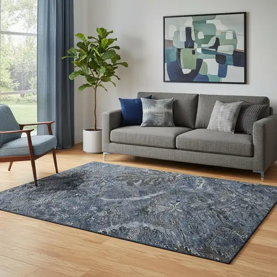 Navy Blue And Charcoal Damask Washable Area Rug With UV Protection Photo 2