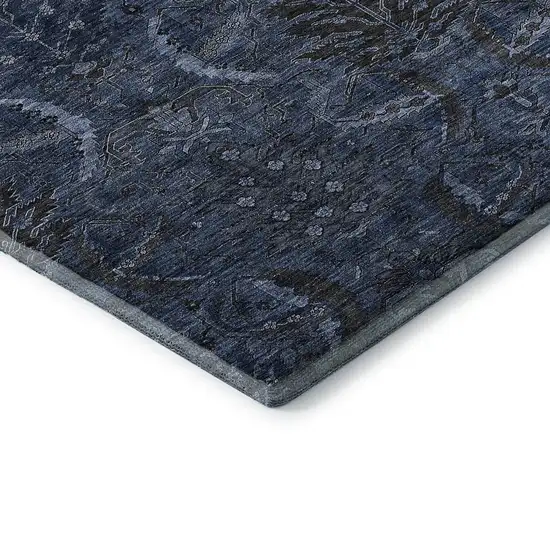 Navy Blue And Charcoal Damask Washable Area Rug With UV Protection Photo 8