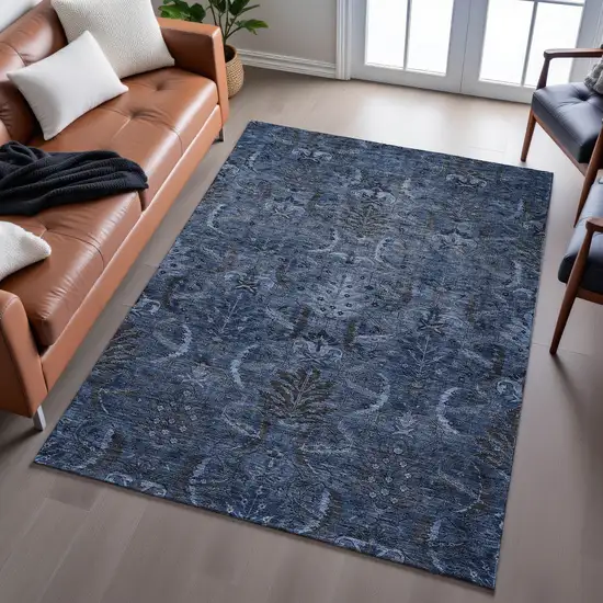 Navy Blue And Charcoal Damask Washable Area Rug With UV Protection Photo 5