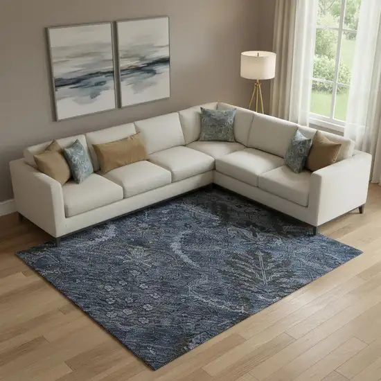 Navy Blue And Charcoal Damask Washable Area Rug With UV Protection Photo 2