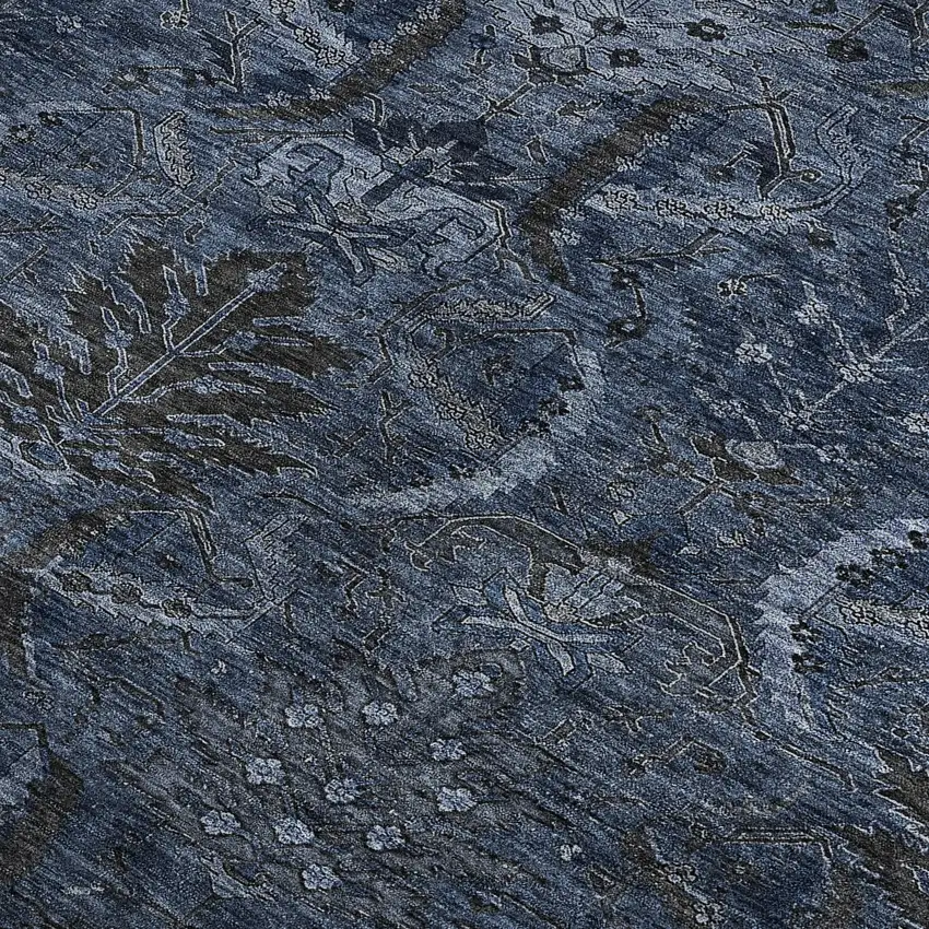 Navy Blue And Charcoal Damask Washable Area Rug With UV Protection Photo 3