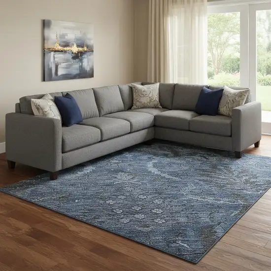 Navy Blue And Charcoal Damask Washable Area Rug With UV Protection Photo 2