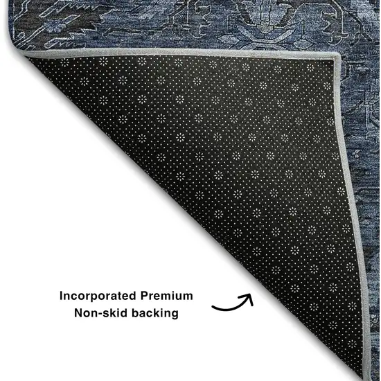 Navy Blue And Charcoal Damask Washable Area Rug With UV Protection Photo 7