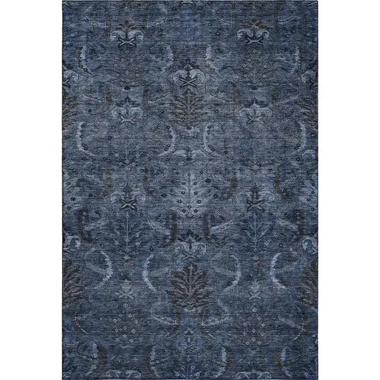 Navy Blue And Charcoal Damask Washable Area Rug With UV Protection Photo 6