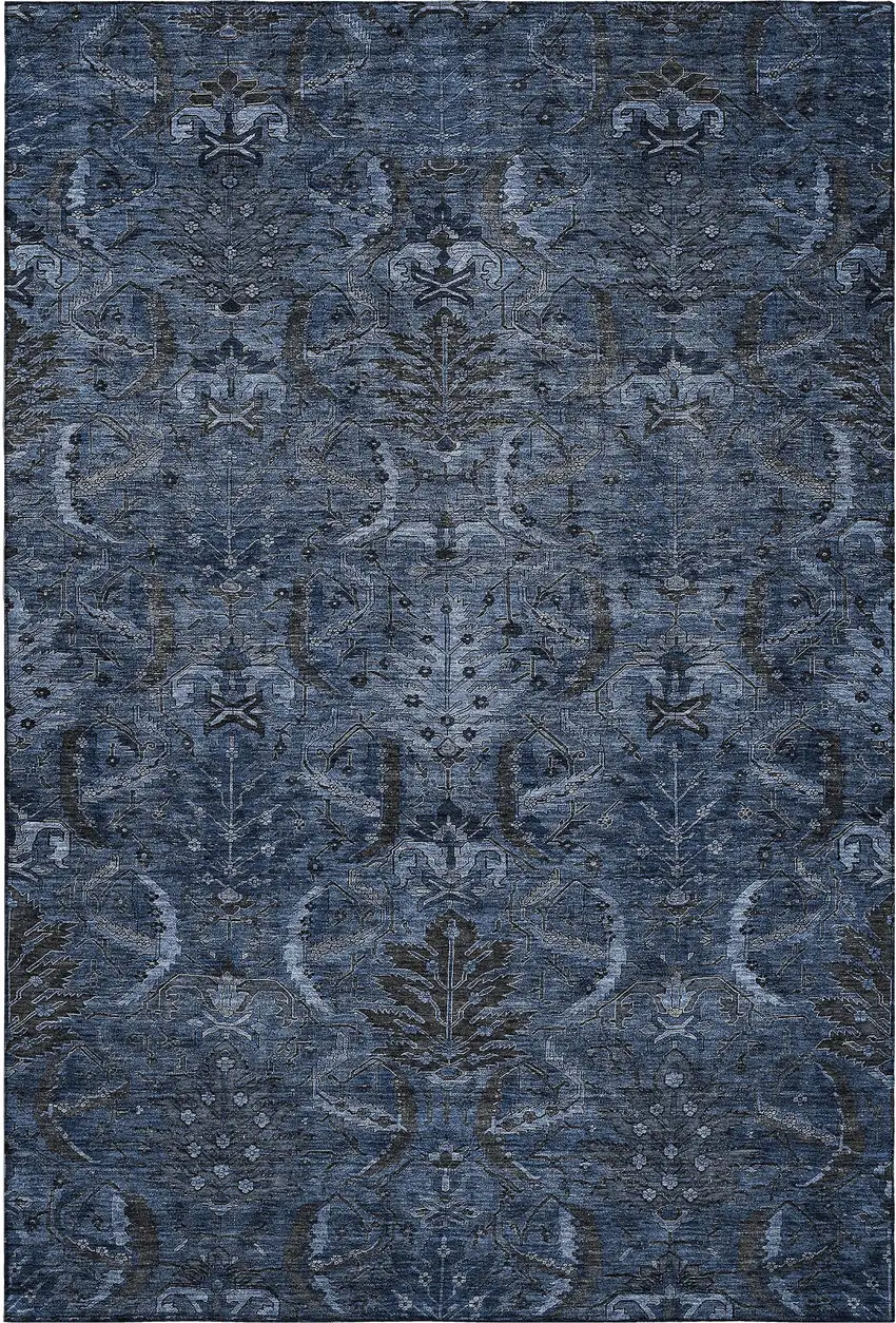 Navy Blue And Charcoal Damask Washable Area Rug With UV Protection Photo 6