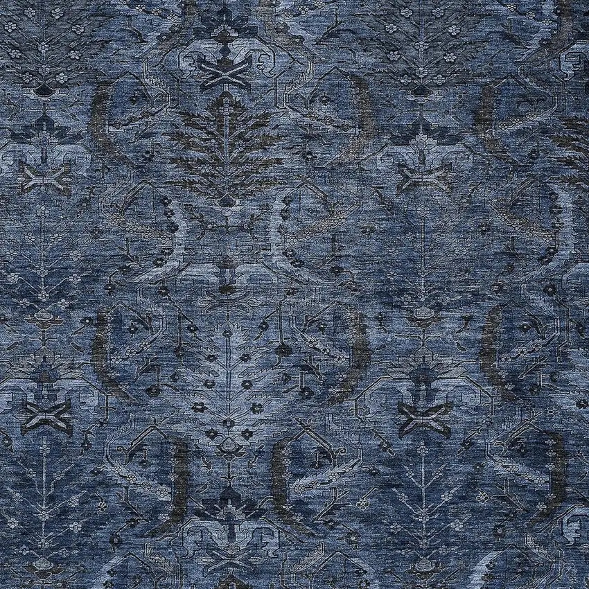 Navy Blue And Charcoal Damask Washable Indoor Outdoor Area Rug Photo 5