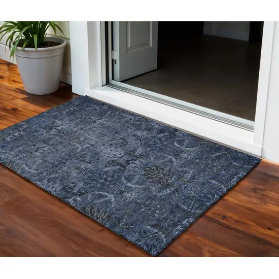 Navy Blue And Charcoal Damask Washable Indoor Outdoor Area Rug Photo 1