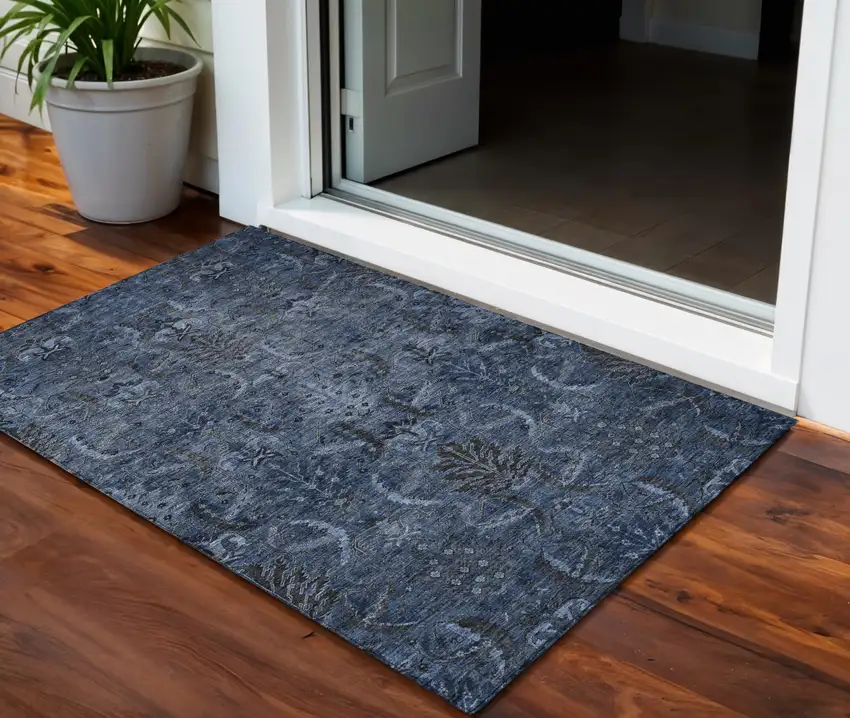 Navy Blue And Charcoal Damask Washable Indoor Outdoor Area Rug Photo 1