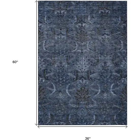 Navy Blue And Charcoal Damask Washable Indoor Outdoor Area Rug Photo 7