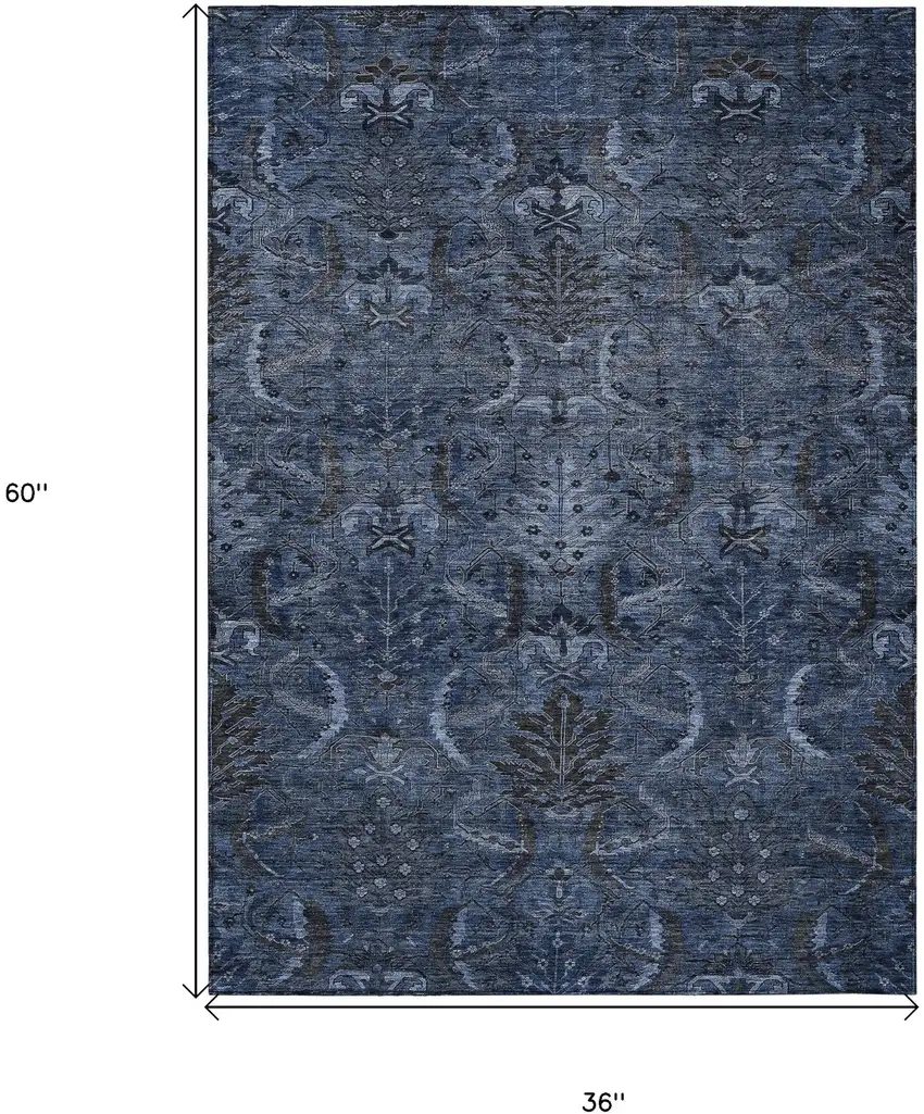 Navy Blue And Charcoal Damask Washable Indoor Outdoor Area Rug Photo 7