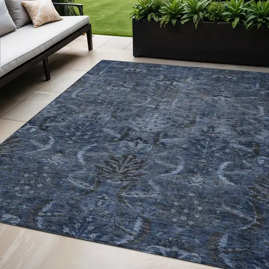 Navy Blue And Charcoal Damask Washable Indoor Outdoor Area Rug Photo 1
