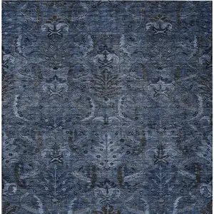 Photo of Navy Blue And Charcoal Damask Washable Indoor Outdoor Area Rug