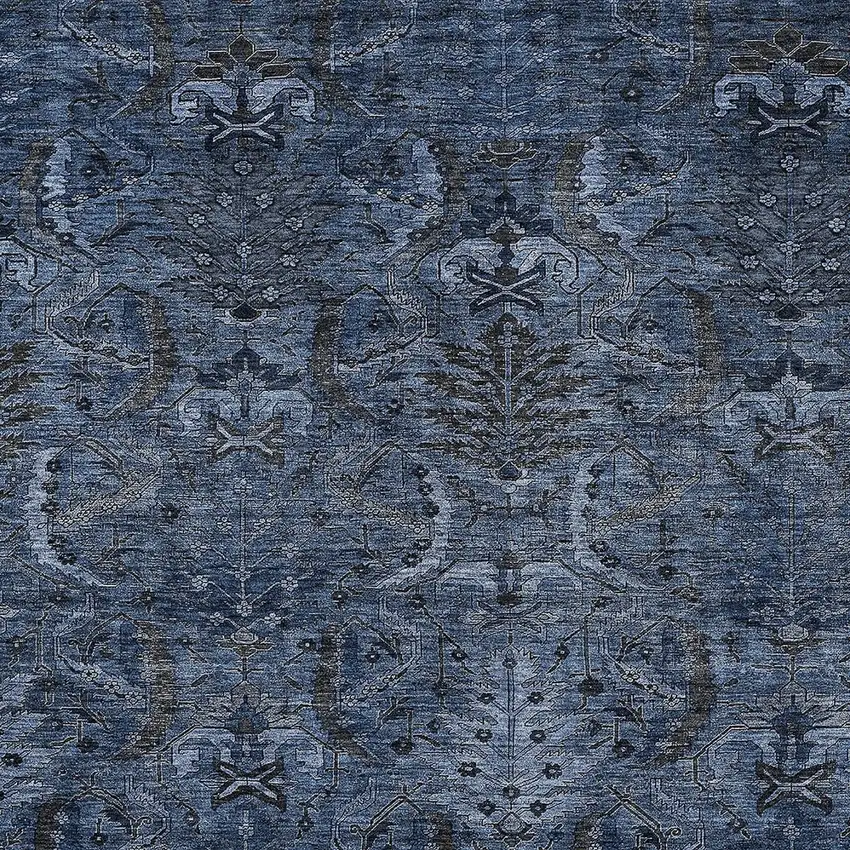 Navy Blue And Charcoal Damask Washable Indoor Outdoor Area Rug Photo 5