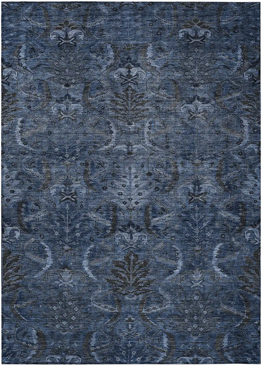 Navy Blue And Charcoal Damask Washable Indoor Outdoor Area Rug Photo 2