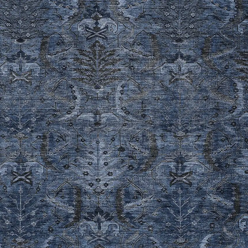 Navy Blue And Charcoal Damask Washable Indoor Outdoor Area Rug Photo 5