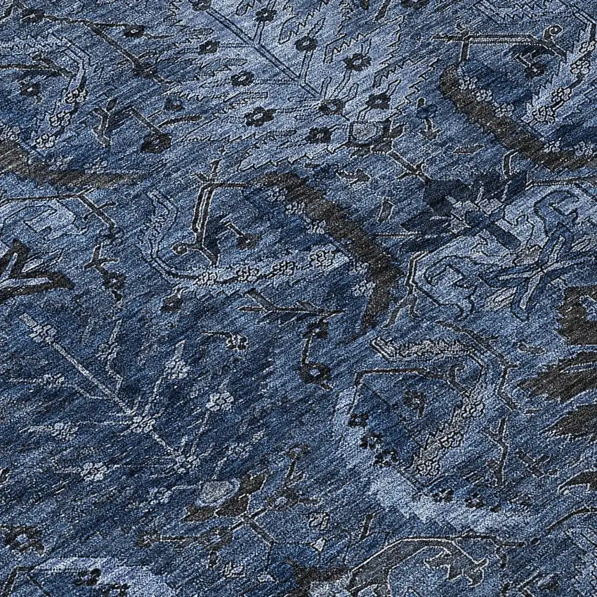 Navy Blue And Charcoal Damask Washable Indoor Outdoor Area Rug Photo 8