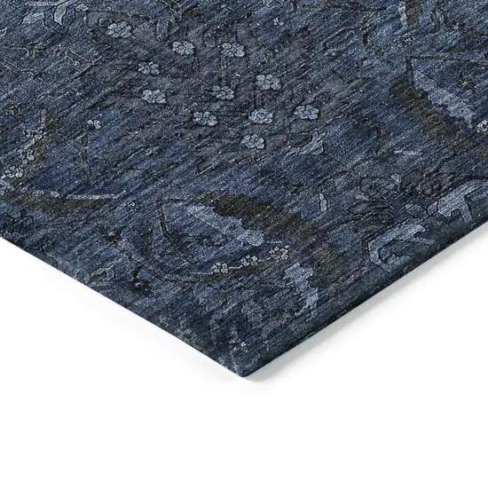 Navy Blue And Charcoal Damask Washable Indoor Outdoor Area Rug Photo 4