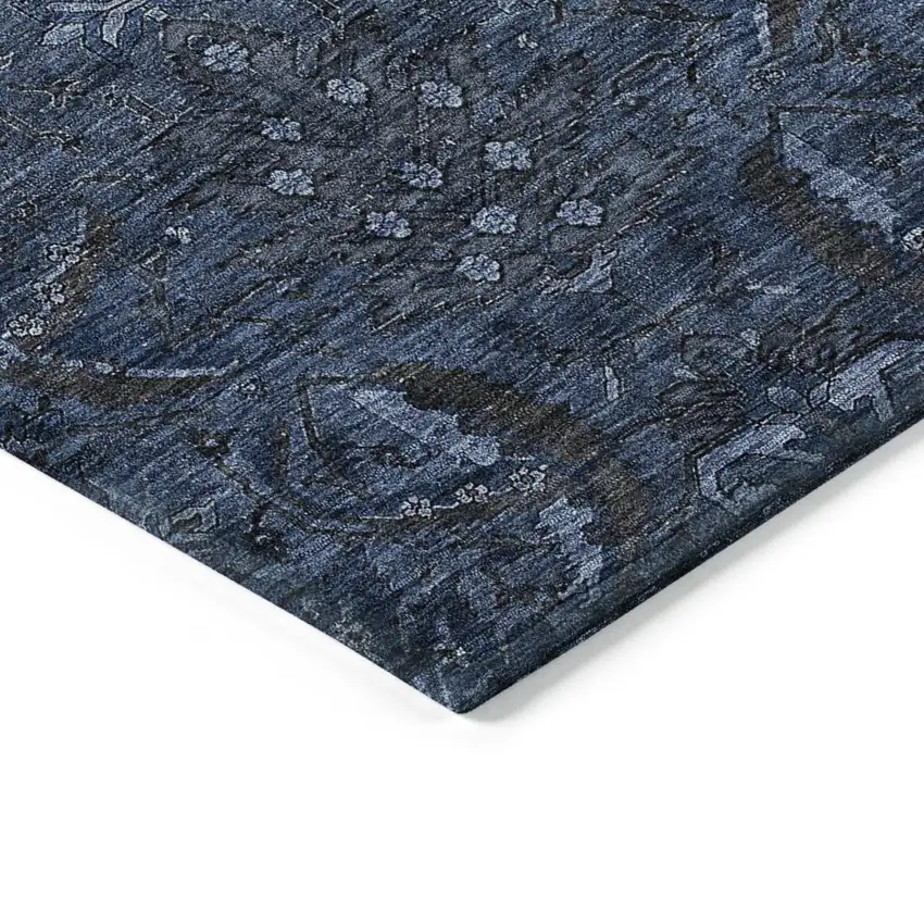 Navy Blue And Charcoal Damask Washable Indoor Outdoor Area Rug Photo 4
