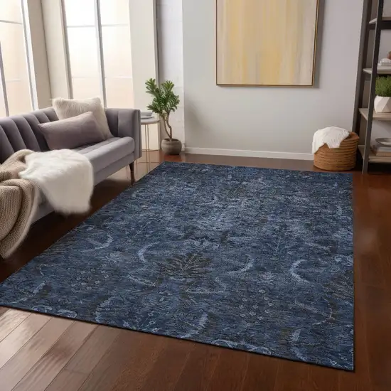 Navy Blue And Charcoal Damask Washable Indoor Outdoor Area Rug Photo 9