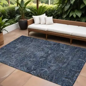 Photo of Navy Blue And Charcoal Damask Washable Indoor Outdoor Area Rug