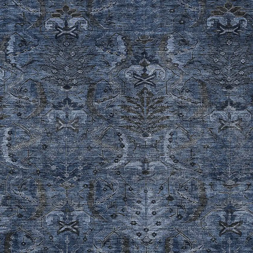 Navy Blue And Charcoal Damask Washable Indoor Outdoor Area Rug Photo 5