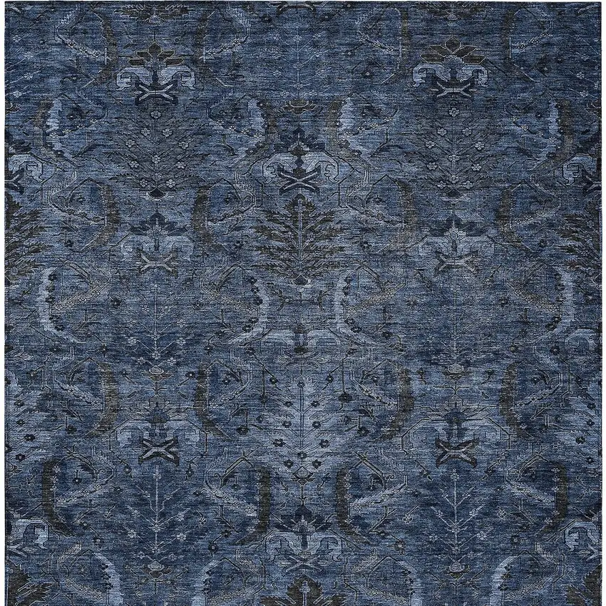 Navy Blue And Charcoal Damask Washable Indoor Outdoor Area Rug Photo 6