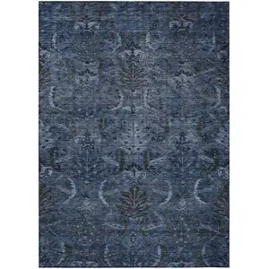 Photo of Navy Blue And Charcoal Damask Washable Indoor Outdoor Area Rug
