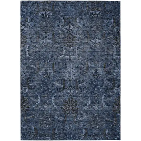 Navy Blue And Charcoal Damask Washable Indoor Outdoor Area Rug Photo 2