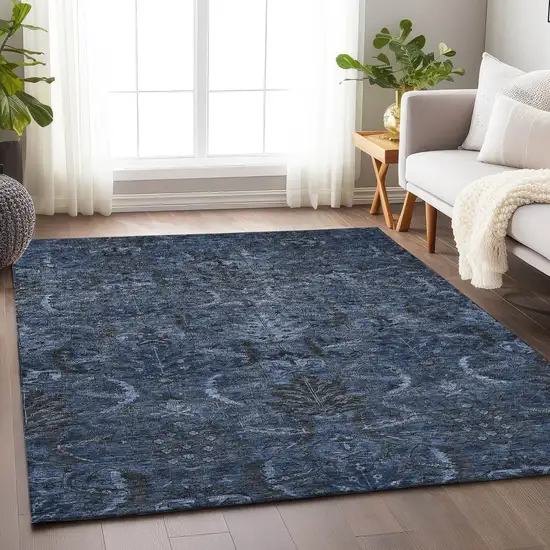 Navy Blue And Charcoal Damask Washable Indoor Outdoor Area Rug Photo 8