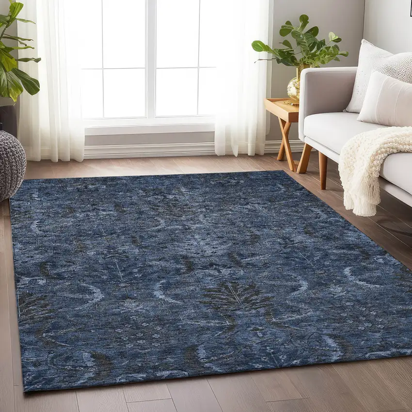 Navy Blue And Charcoal Damask Washable Indoor Outdoor Area Rug Photo 8