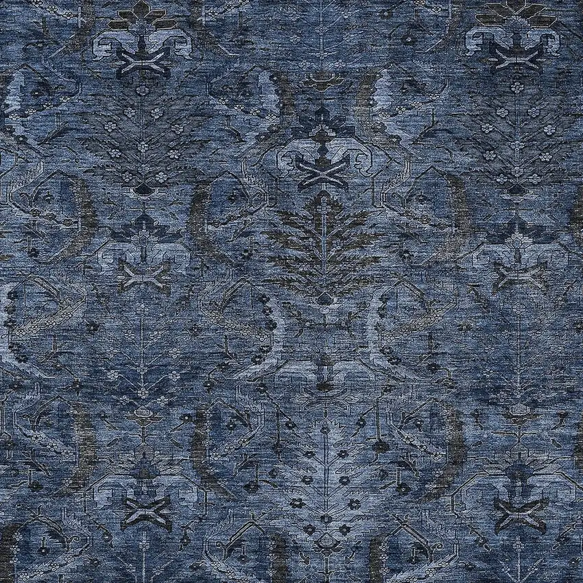 Navy Blue And Charcoal Damask Washable Indoor Outdoor Area Rug Photo 5
