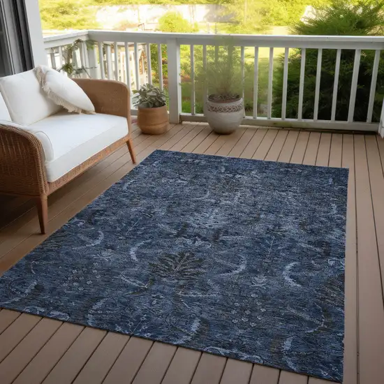 Navy Blue And Charcoal Damask Washable Indoor Outdoor Area Rug Photo 7