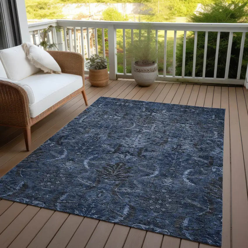Navy Blue And Charcoal Damask Washable Indoor Outdoor Area Rug Photo 7