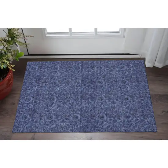 Navy Blue And Charcoal Floral Washable Area Rug With UV Protection Photo 2