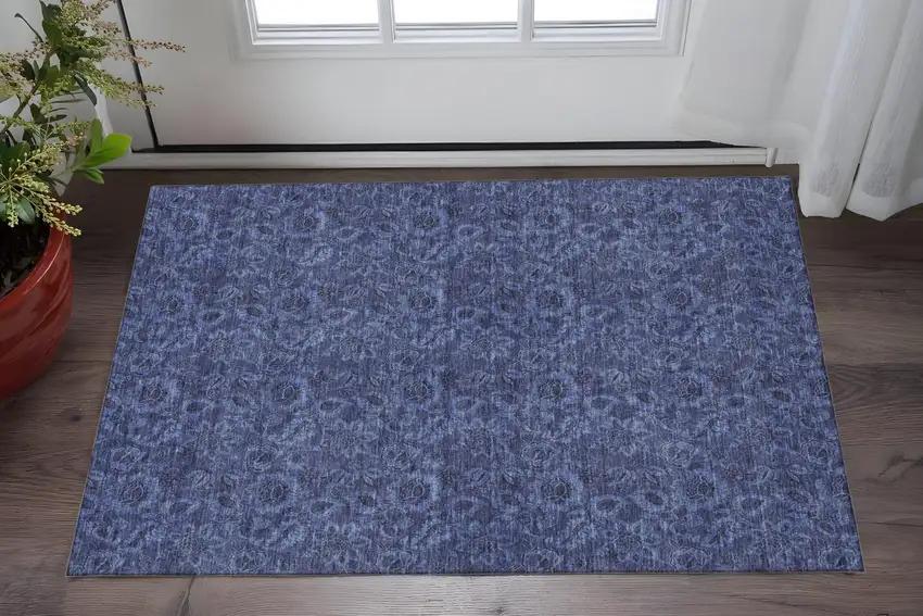 Navy Blue And Charcoal Floral Washable Area Rug With UV Protection Photo 2