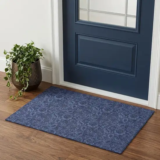Navy Blue And Charcoal Floral Washable Area Rug With UV Protection Photo 1
