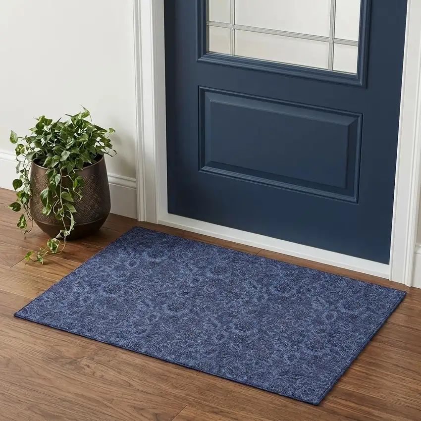 Navy Blue And Charcoal Floral Washable Area Rug With UV Protection Photo 1