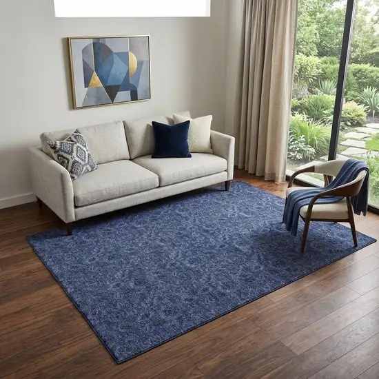 Navy Blue And Charcoal Floral Washable Area Rug With UV Protection Photo 1