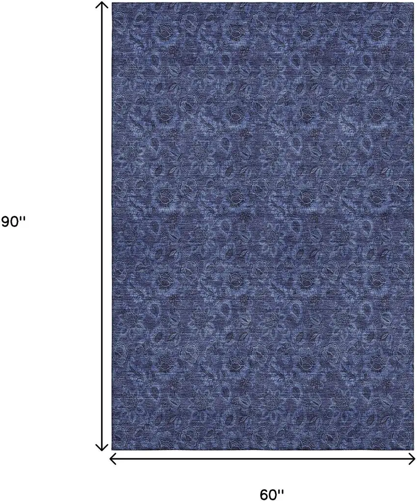 Navy Blue And Charcoal Floral Washable Area Rug With UV Protection Photo 3