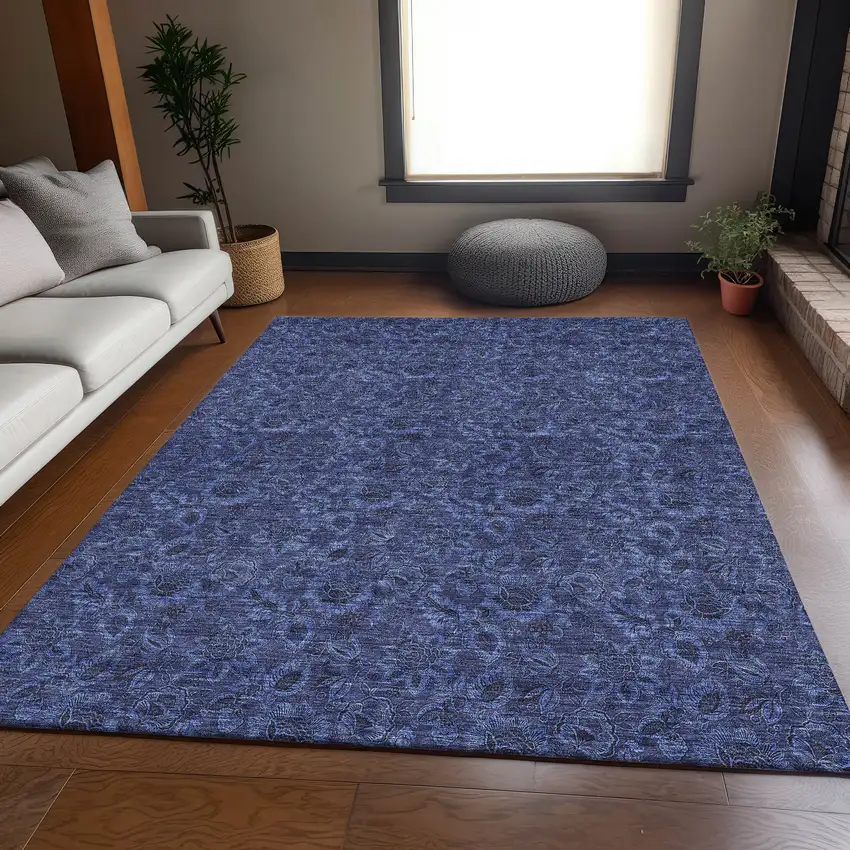 Navy Blue And Charcoal Floral Washable Area Rug With UV Protection Photo 5