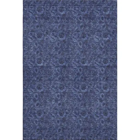 Navy Blue And Charcoal Floral Washable Area Rug With UV Protection Photo 2