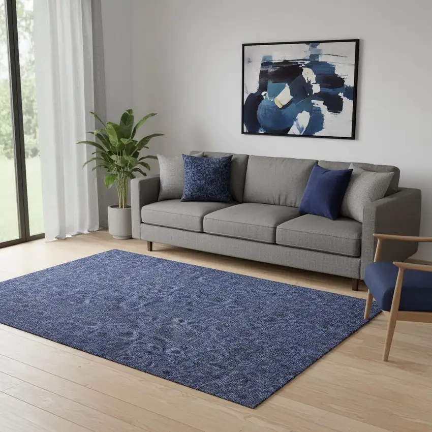 Navy Blue And Charcoal Floral Washable Area Rug With UV Protection Photo 1