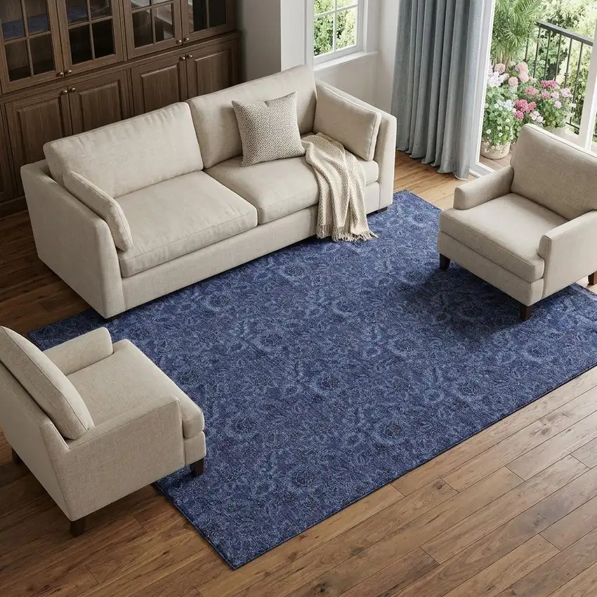 Navy Blue And Charcoal Floral Washable Area Rug With UV Protection Photo 1