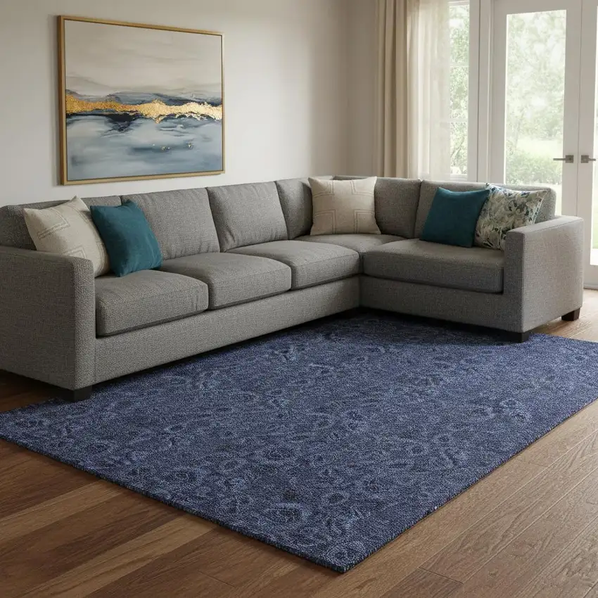 Navy Blue And Charcoal Floral Washable Area Rug With UV Protection Photo 1